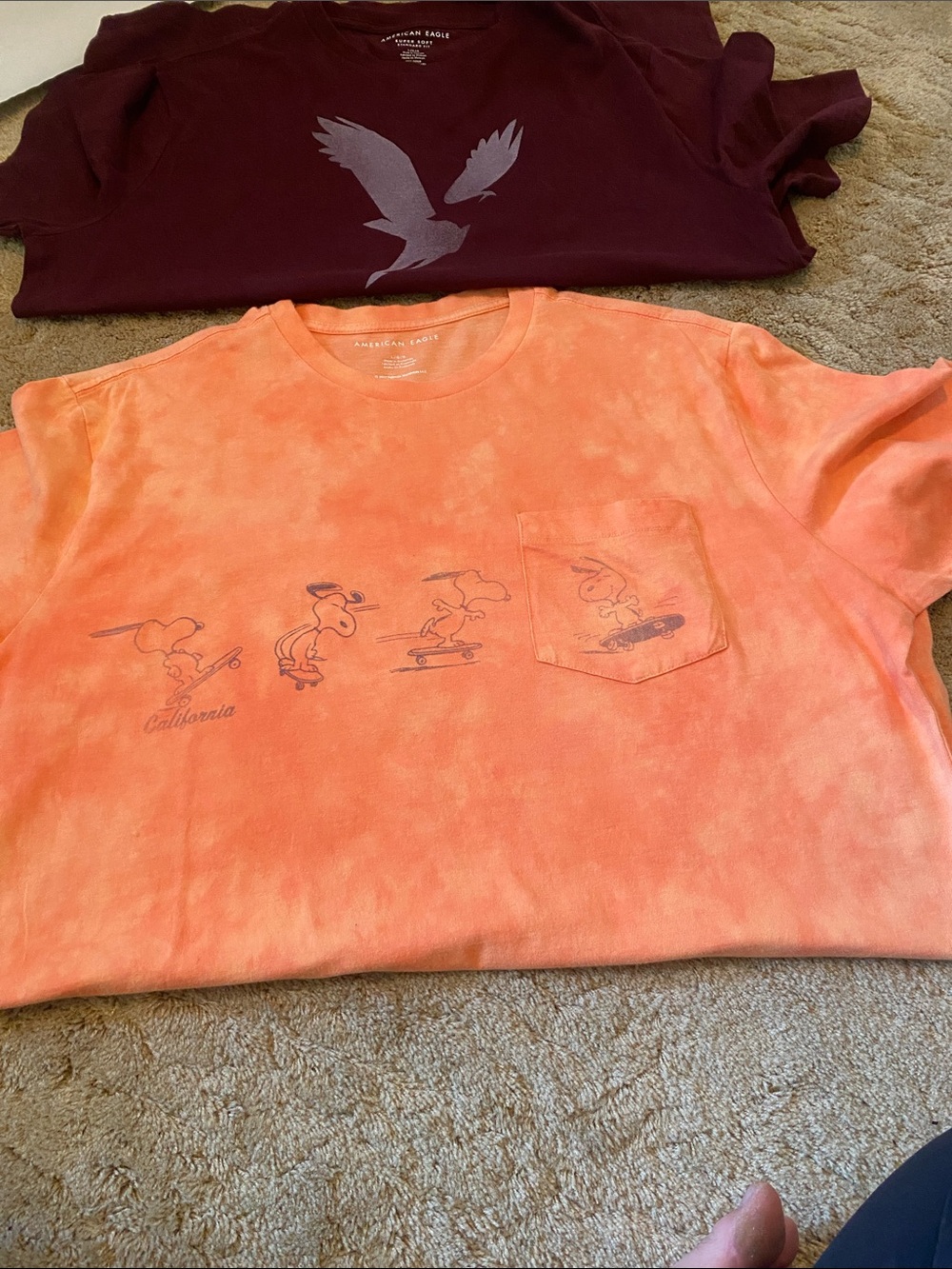 American Eagle Outfitters Orange Tie-Dye Snoopy Pocket Tee and emblem shirt
